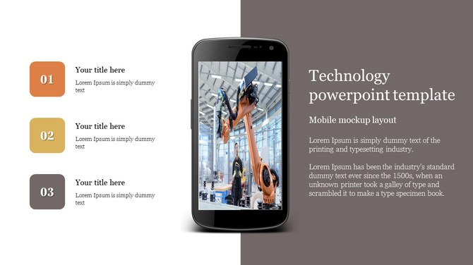 White and brown split layout featuring three numbered blocks and mobile screen displaying industrial machinery.