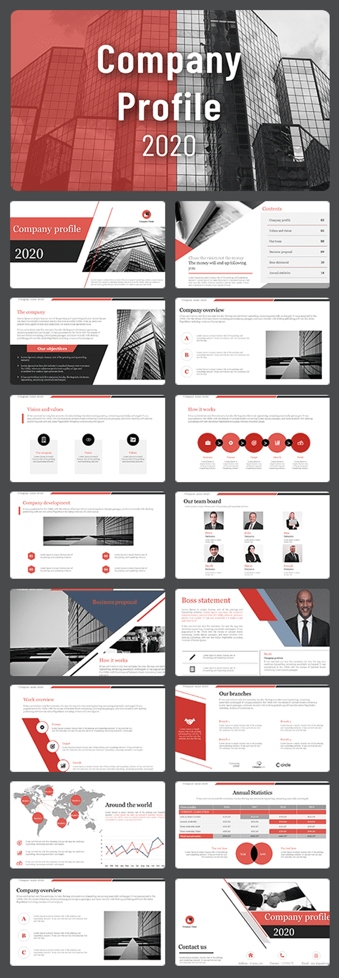 Company profile PPT slides feature a modern, professional design with many sections and profile pictures.