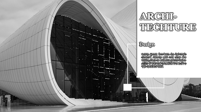 Modern architectural building with curved facade and glass panels, shown alongside design section text in black box.