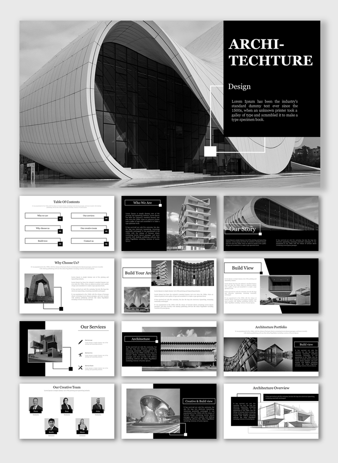 Slide deck showcasing architectural designs, project overviews, and creative team profiles in monochrome tones.