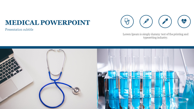 Medical PowerPoint slide with a stethoscope and test tubes, accompanied by medical icons and placeholder text.