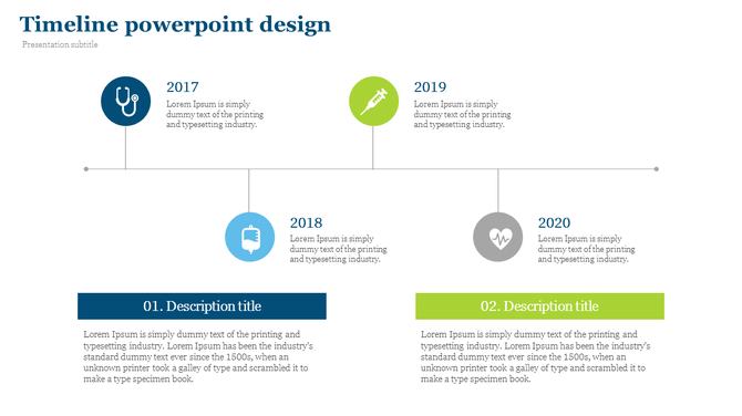 Medical timeline slide with four years from 2017 to 2020, each featuring a circular icon and two text boxes below.