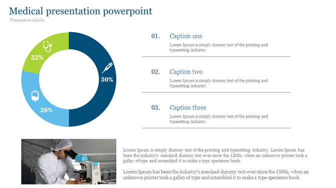 Medical PowerPoint slide with a pie chart showing healthcare statistics and a scientist working with a microscope.