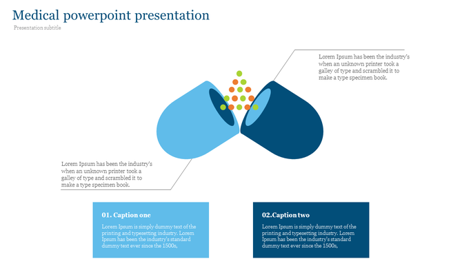Medical slide featuring an open blue capsule releasing colorful particles, with text annotations and caption boxes below.