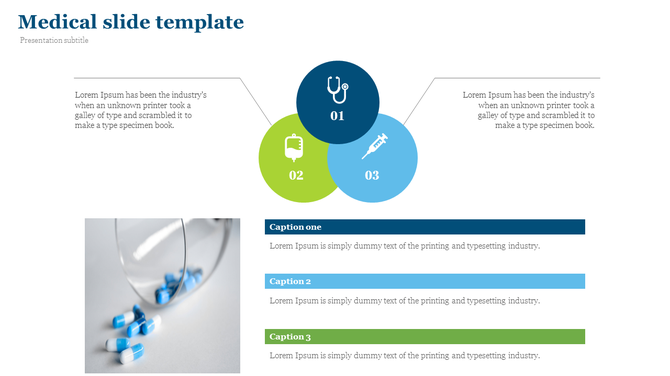 Medical PPT slide with a three circle diagram featuring healthcare icons and captions, alongside scattered medicine capsules.