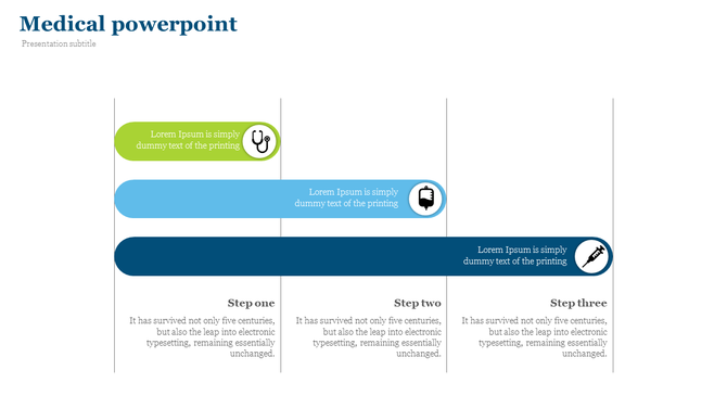 Medical timeline slide with three horizontal bars in green, blue, and dark blue, each featuring an icon and placeholder text.