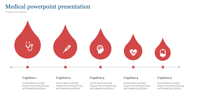 Medical PPT slide featuring five red teardrop icons with healthcare symbols from stethoscope to medical bag with captions.