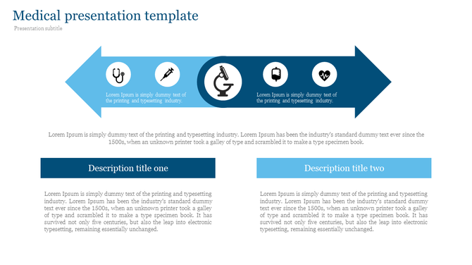 Medical-themed slide with a blue arrow containing icons like a stethoscope, syringe, and heart monitor with caption areas.