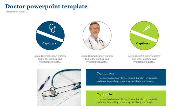 Slide featuring a circular doctor photo at the center and two circles in blue and green with icons and text box below.