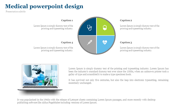 Medical slide with a four section circular infographic, labeled captions, and a laptop image displaying a lab experiment.