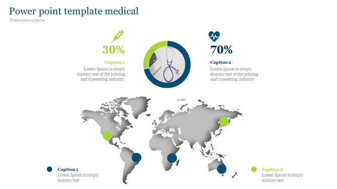 Medical PowerPoint template showing a syringe, stethoscope, and world map with percentage values.