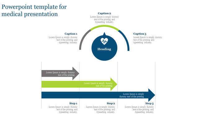 Medical PowerPoint template with arrows representing steps, icons for healthcare, and placeholder text for captions.