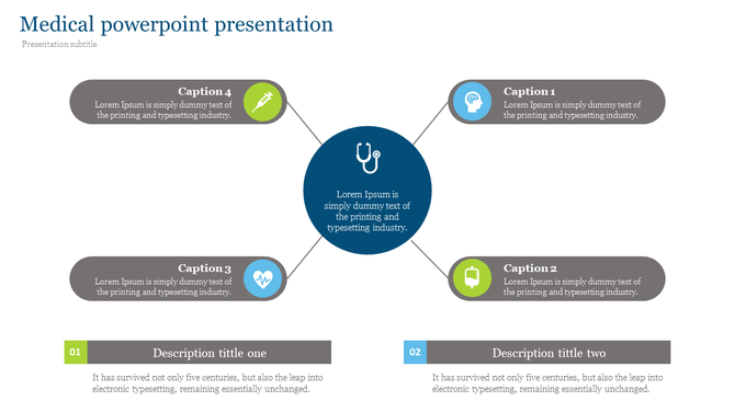 Medical PPT presentation slide with circular icons for stethoscope, syringe, heart, and blood bag, with descriptive captions.