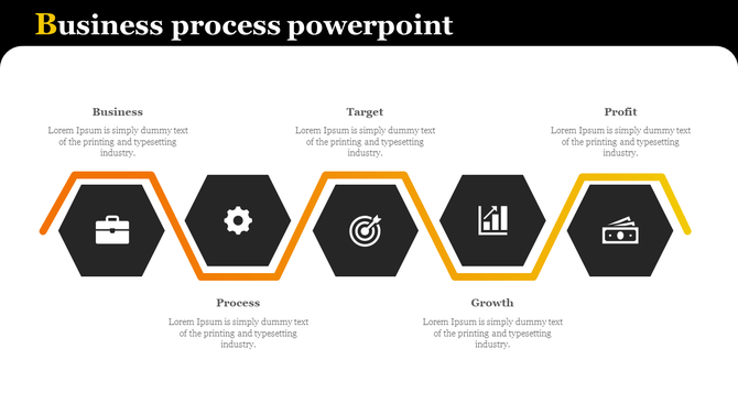 Business process infographic with five black hexagons connected by an orange line, each containing white business icons.