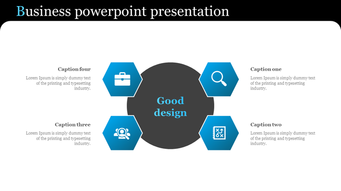Business slide with a dark gray circle surrounded by four blue hexagons with white icons and captions.