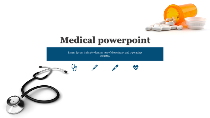 Medical slide featuring a stethoscope, an orange pill bottle with white tablets on the right, and four healthcare icon below.