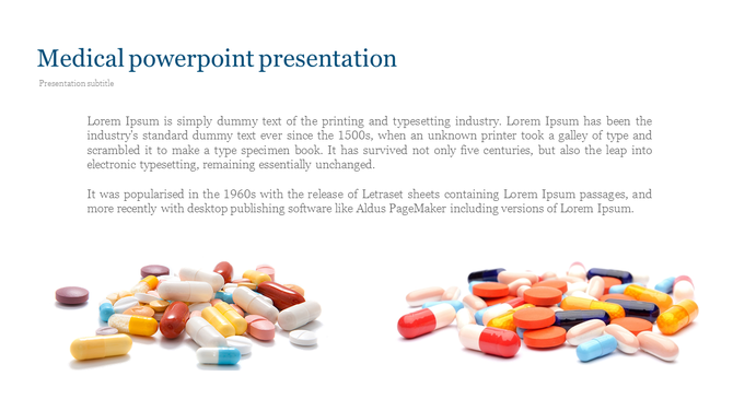 Medical PowerPoint slide featuring a collection of colorful pills with placeholder text.