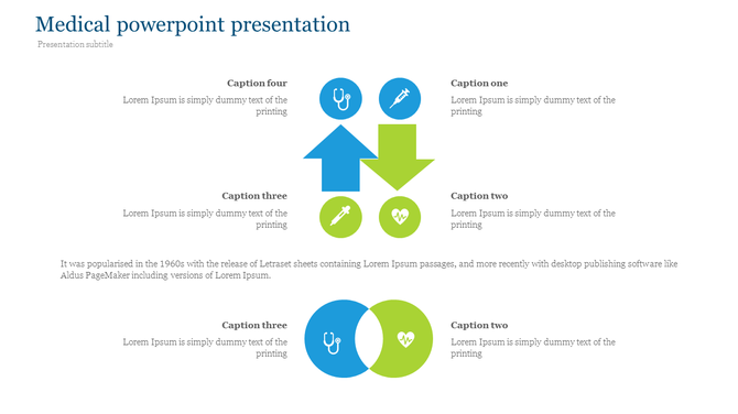 Medical presentation slide featuring arrows, medical icons, and captions with space for detailed text.