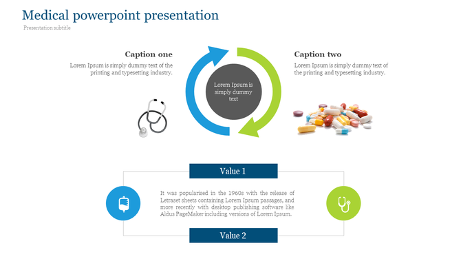 Medical PowerPoint slide showing a stethoscope and pills with two caption text.