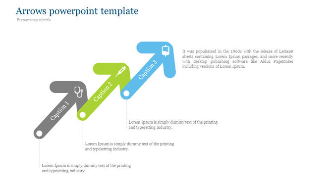 Three colorful arrows in gray, green, and blue, each containing an icon, with captions below.