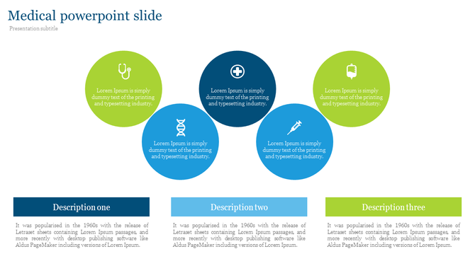 Medical slide featuring five colored circles with healthcare icons, and three boxes in blue, light blue, and green below.