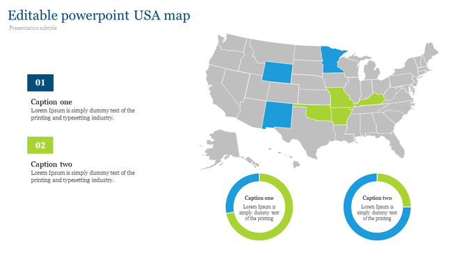 Gray USA map highlighting states in blue and green, with text sections and circular graphs below.