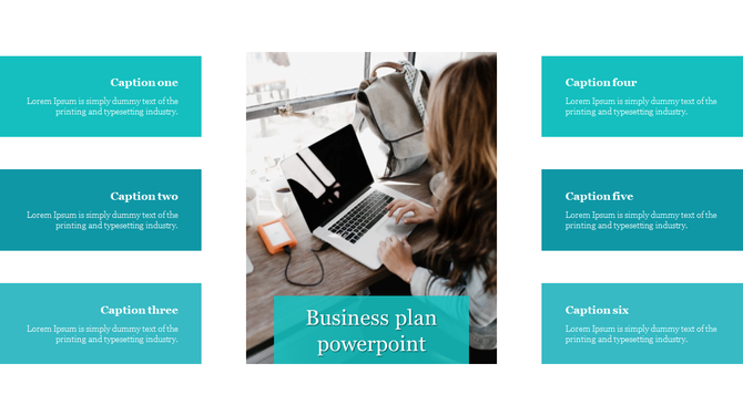 Business plan slide with a person working on a laptop with a backpack, and six teal text boxes on both sides.