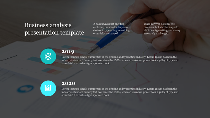 Business analysis PPT template with a person writing on a chart showing data trends for 2019 and 2020 with placeholder text.