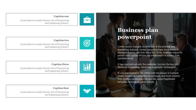 Business plan PowerPoint template with four sections of text alongside icons for each category and a business meeting image.