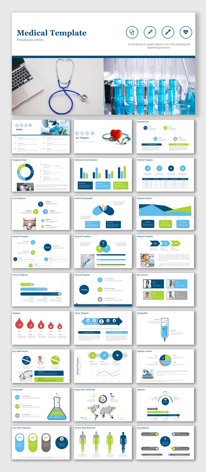 Medical presentation slide deck, featuring charts, diagrams, and human body research visuals with blue and green colors.