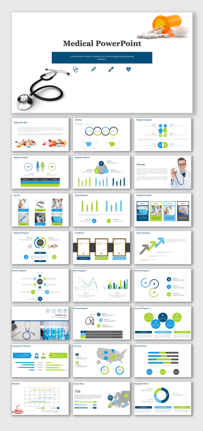 A collection of medical themed PPT featuring slides on medical analysis, charts, processes, and certificates with icons.