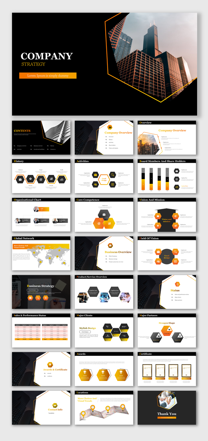 Slides covering company overview, major clients, business strategy, and global network, with an orange and black theme.