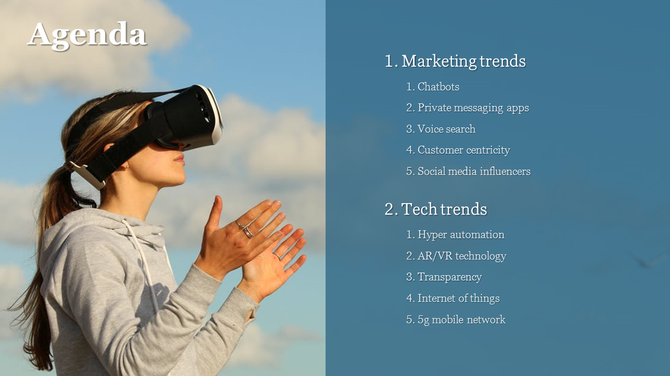 Agenda slide with a woman wearing a VR headset, listing marketing and tech trends, on a teal backdrop.
