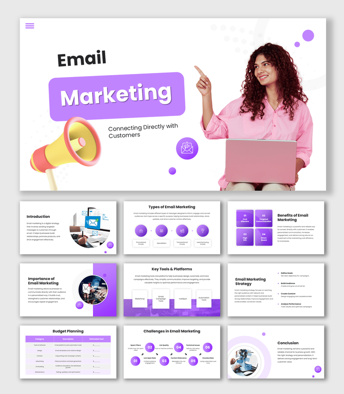 Email Marketing PowerPoint Presentation featuring purple layout, marketer with laptop, icons, shapes and campaign slides.