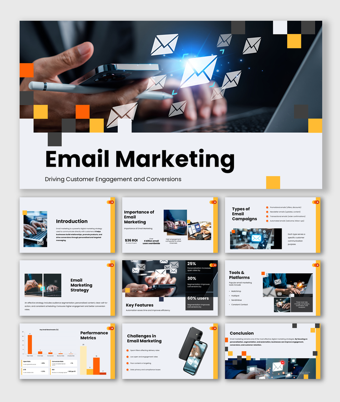 Email marketing PowerPoint covering strategy, campaigns, tools, metrics, and conversion insights.