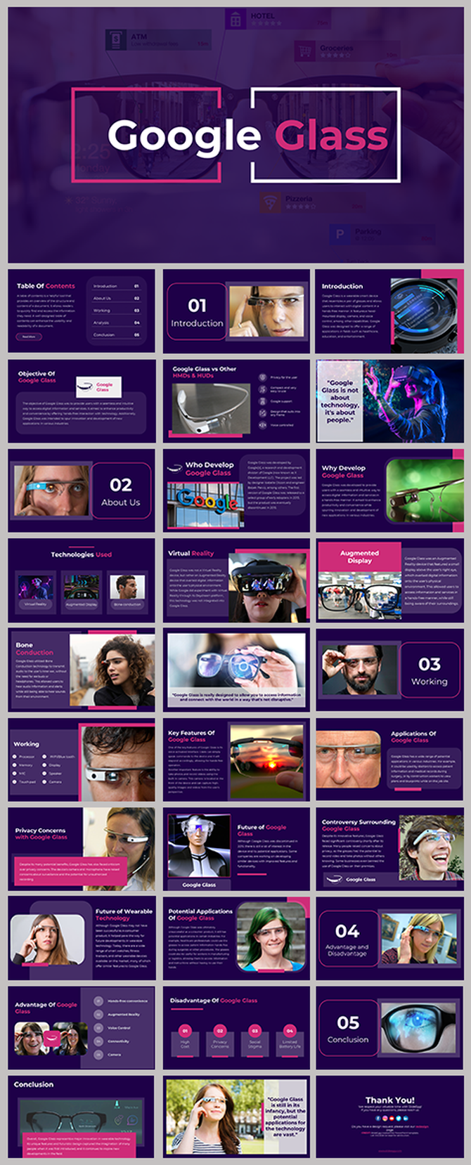 Google glass slide deck with purple accents, explaining key features, technology, privacy concerns, and future trends.
