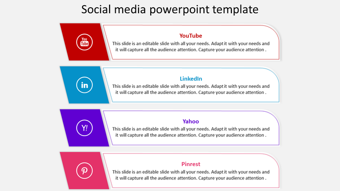 Vertical layout with four colorful social media icons and text boxes in red, blue, purple, and pink, each with captions.