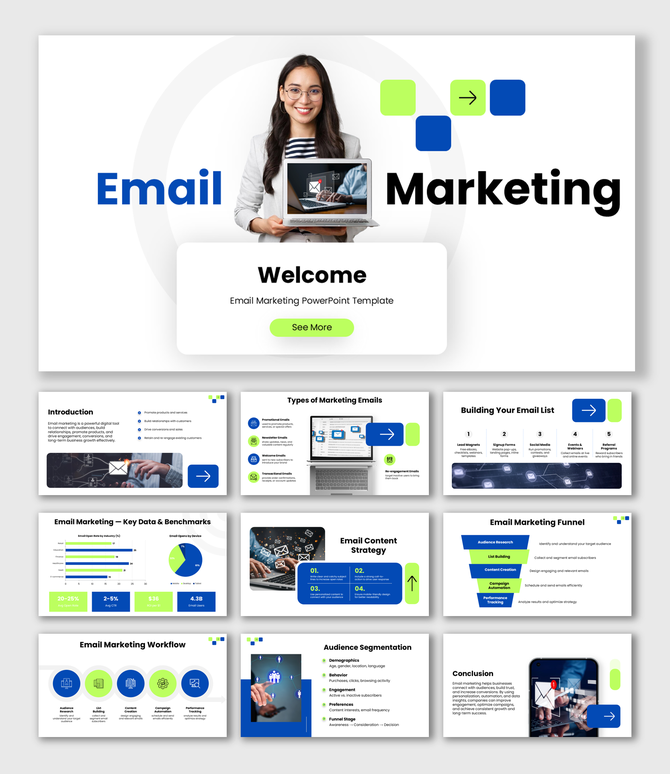 Email Marketing slide with blue green shapes, laptop image, icons, charts, and structured text blocks.