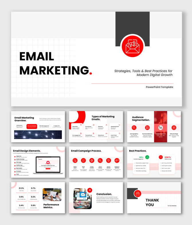 Email marketing PPT with white and red theme, envelope icon, charts, shapes, and clean layouts for campaign insights.