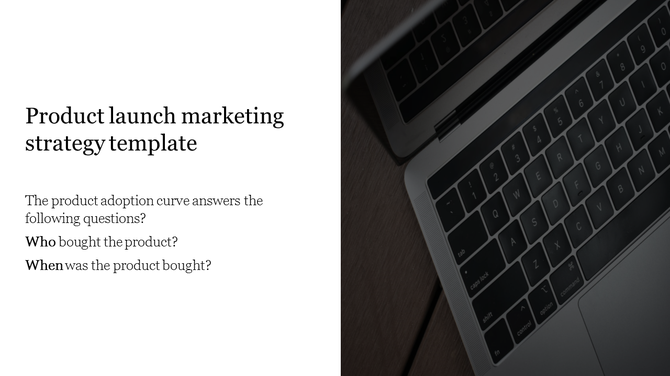 Product launch marketing strategy PPT template highlighting the product adoption curve, addressing questions.