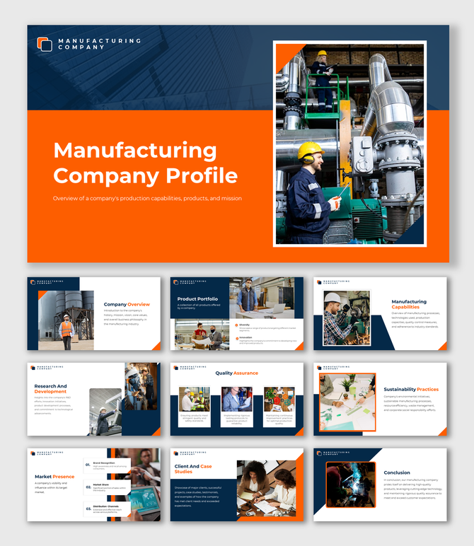 Manufacturing company slides with orange and blue accents, featuring images of machinery, workers, and product descriptions.
