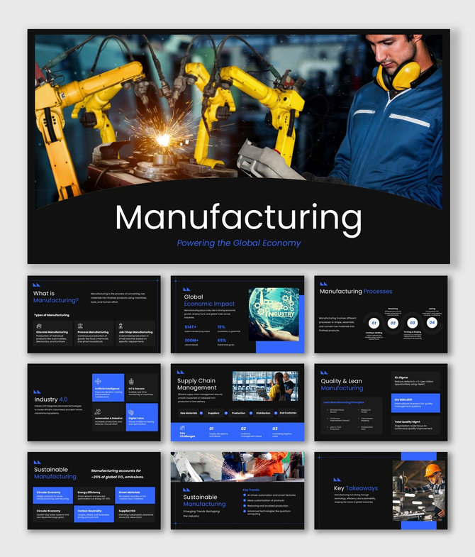 Manufacturing presentation with robots, worker visuals, blue theme, charts, and clear text layout for insights.