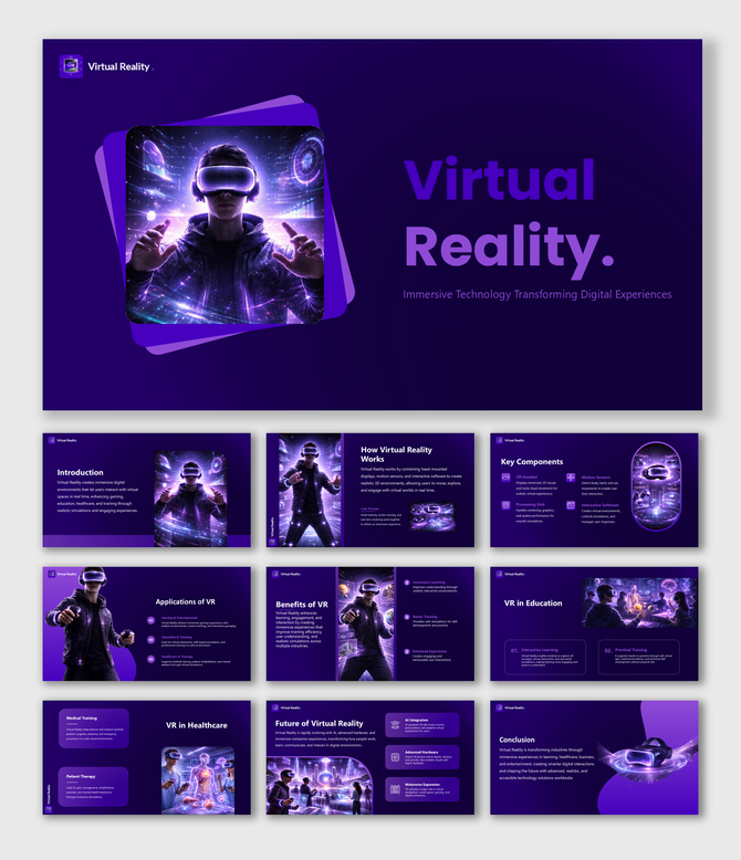 Immersive virtual reality presentation showcasing VR technology, applications, benefits, components, and innovations.