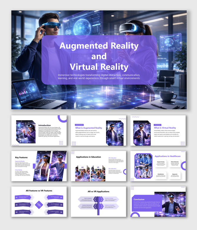AR VR presentation template covering concepts, features, comparisons, and industry applications with immersive visuals.