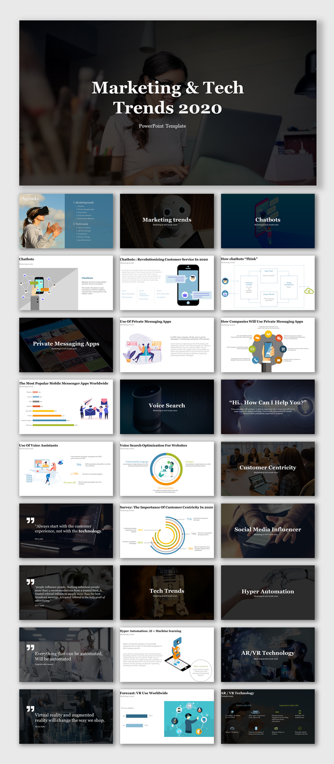 Slide deck displaying marketing and technology related content with images, charts, and futuristic designs.