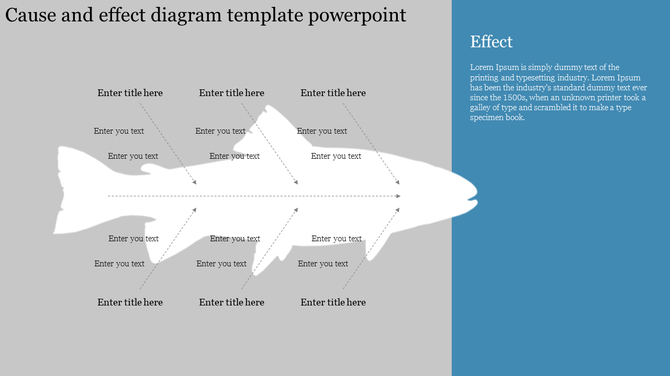 Cause and effect diagram with arrows pointing towards a white fish shape, featuring text input fields and a blue sidebar.