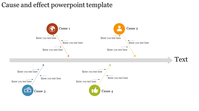 Cause and effect PowerPoint template with four causes, colorful icons, and text placeholders.
