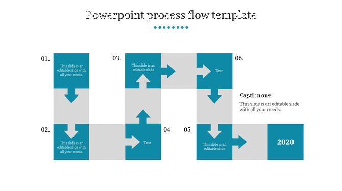 Process flow template with six numbered blue boxes, each connected by arrows, featuring text areas.