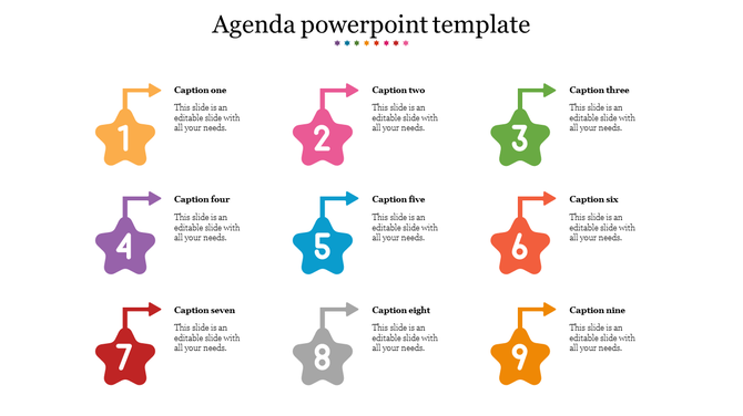 Agenda infographic with nine numbered star icons in various colors, each connected to placeholder text areas.