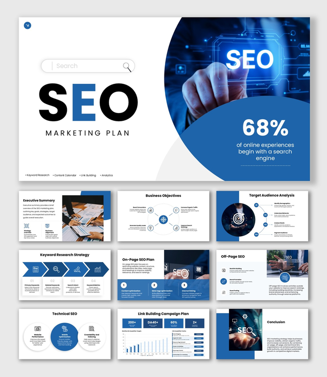 SEO marketing plan template with icons representing different elements like e-commerce, email, and global marketing.